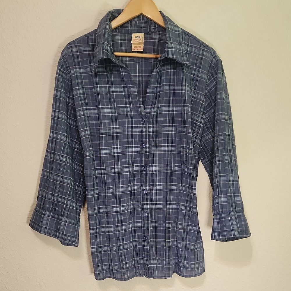 Women's Blue Plaid Button-Up Shirt